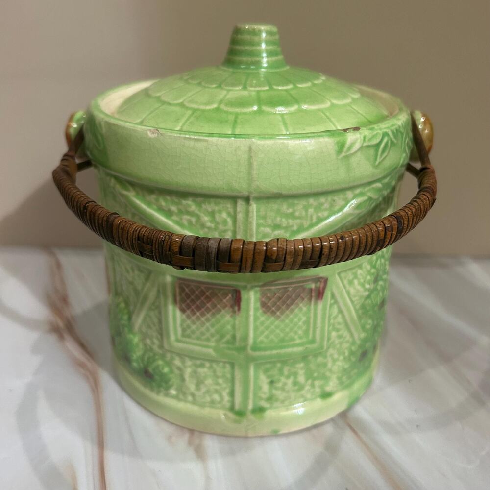 Vintage Green Cottage Ceramic Cookie Jar with Wicker Handle